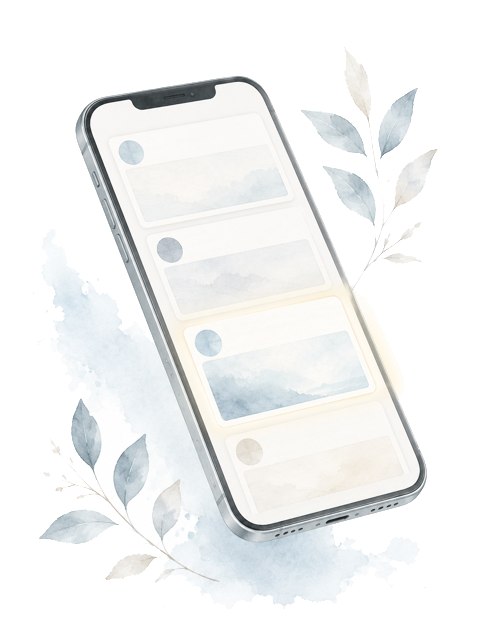 SNSのタイムラインが表示されたスマートフォン。並んだ投稿のうち、ひとつだけがやわらかな光をまとっている